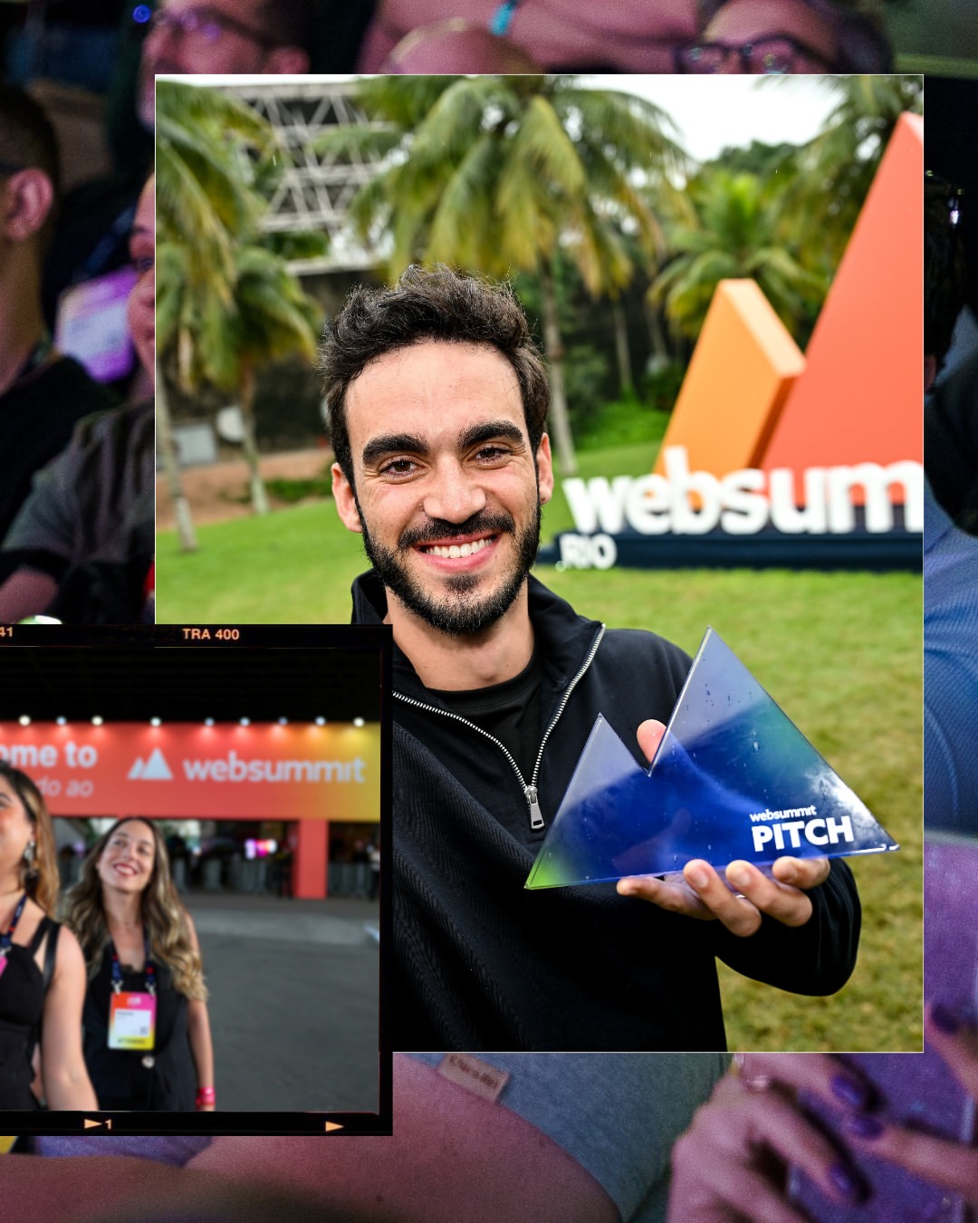 Founder sosteniendo el trofeo de Web Summit Pitch